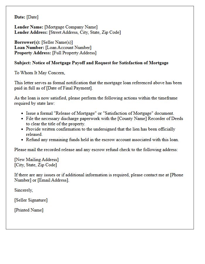 Seller Mortgage Payoff Satisfaction Letter