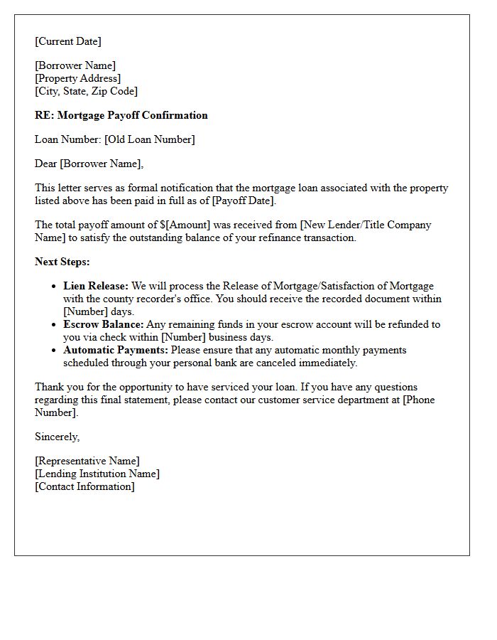 Refinance Mortgage Payoff Confirmation Letter