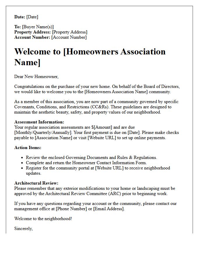 Standard Homeowner Association Welcome Closing Letter