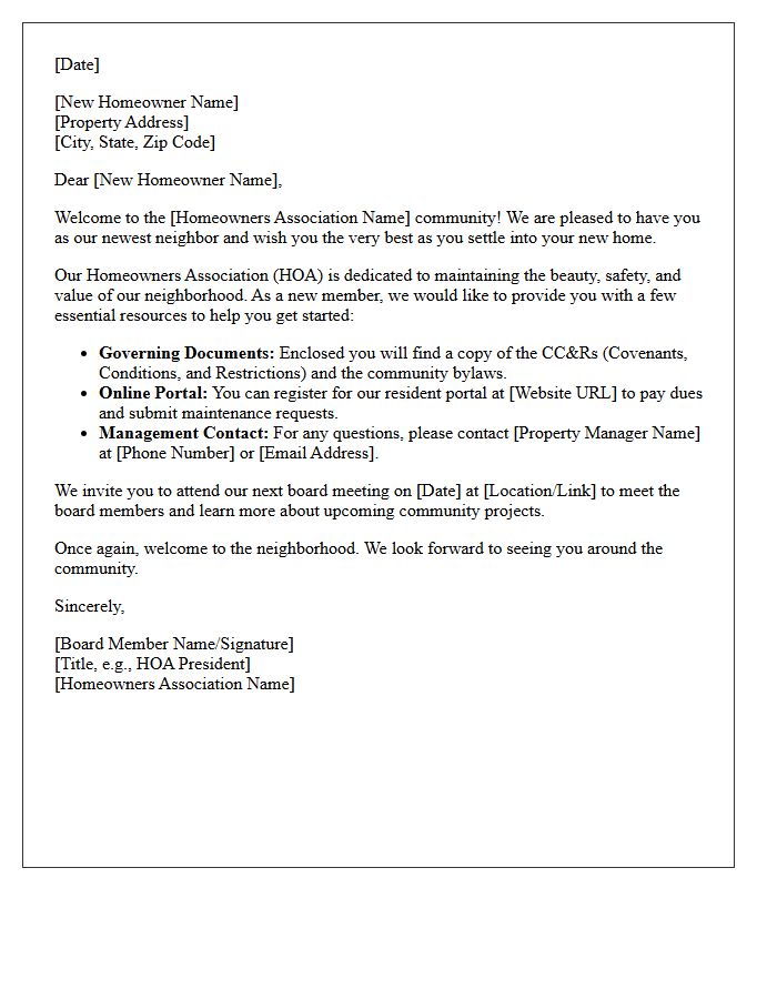 New Resident Homeowner Association Welcome Closing Letter