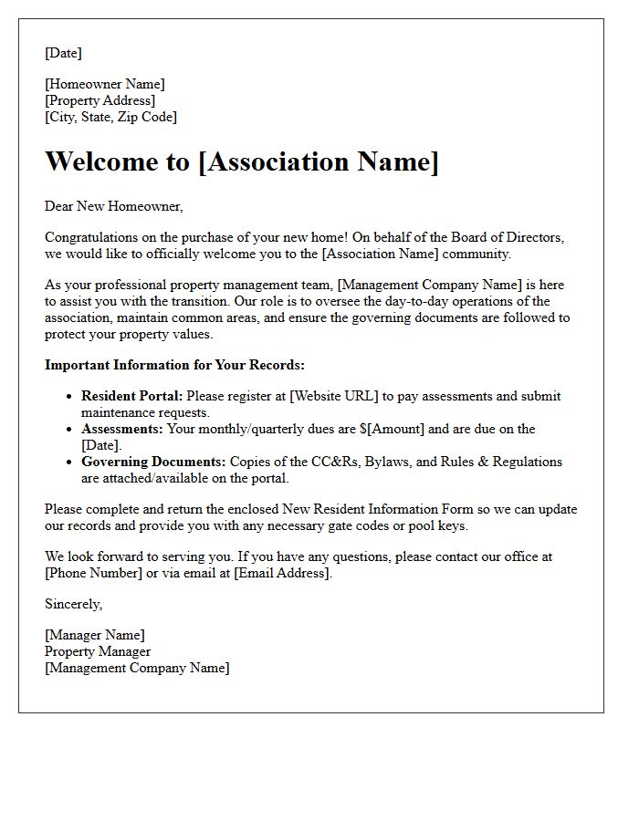 Property Management Homeowner Association Welcome Closing Letter