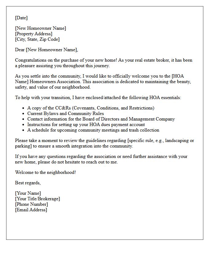 Real Estate Broker Homeowner Association Welcome Closing Letter