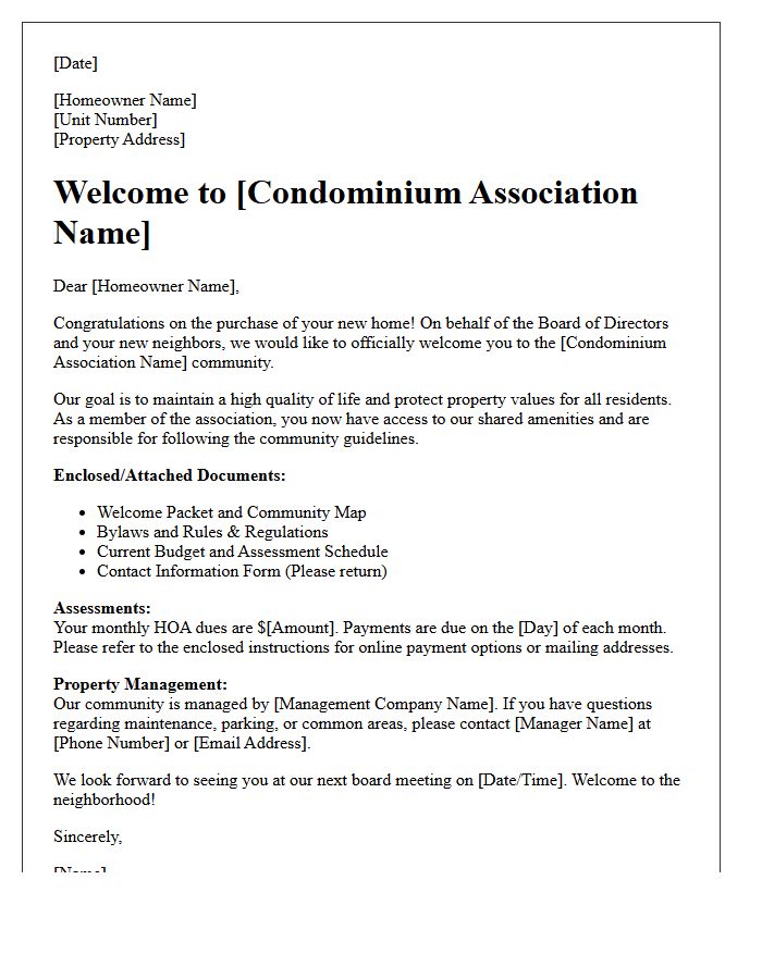 Condominium Homeowner Association Welcome Closing Letter