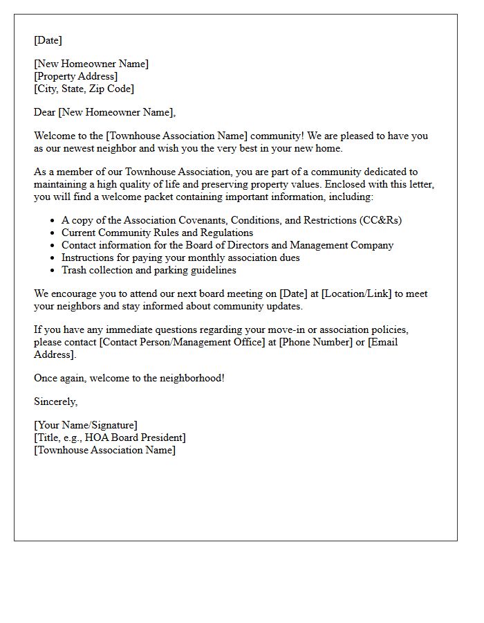 Townhouse Homeowner Association Welcome Closing Letter