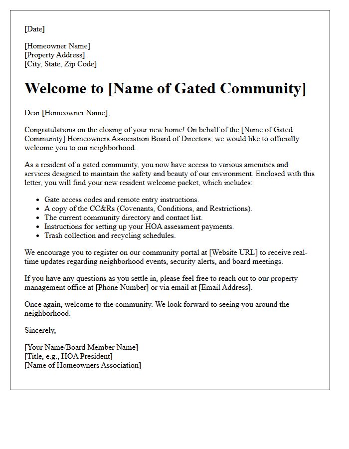 Gated Community Homeowner Association Welcome Closing Letter