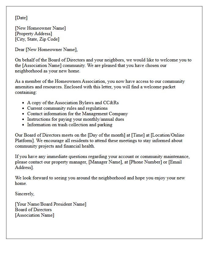 Board Of Directors Homeowner Association Welcome Closing Letter
