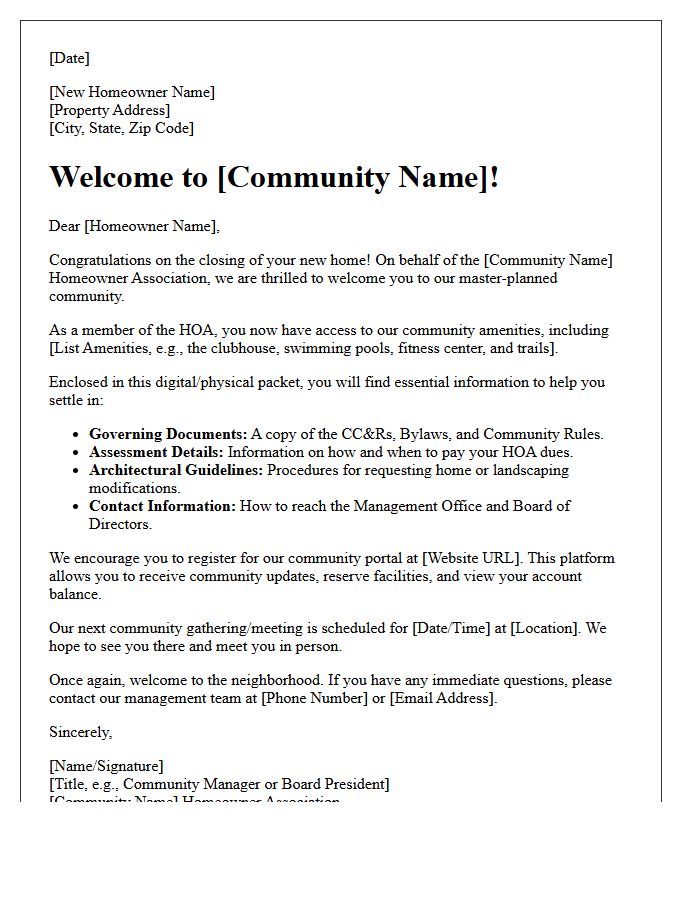 Master Planned Community Homeowner Association Welcome Closing Letter