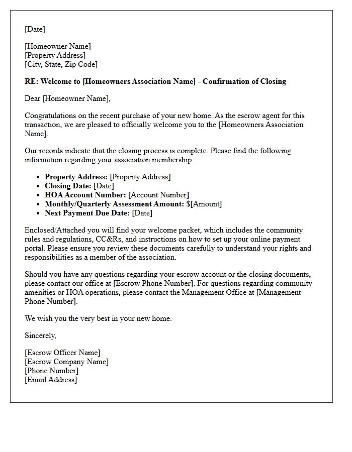 Escrow Agent Homeowner Association Welcome Closing Letter
