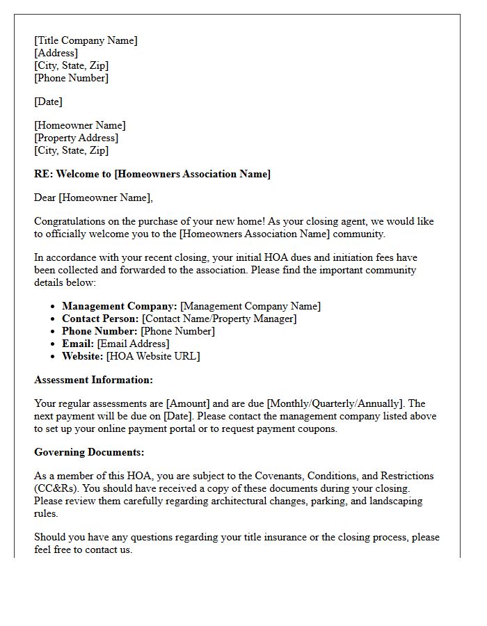 Title Company Homeowner Association Welcome Closing Letter
