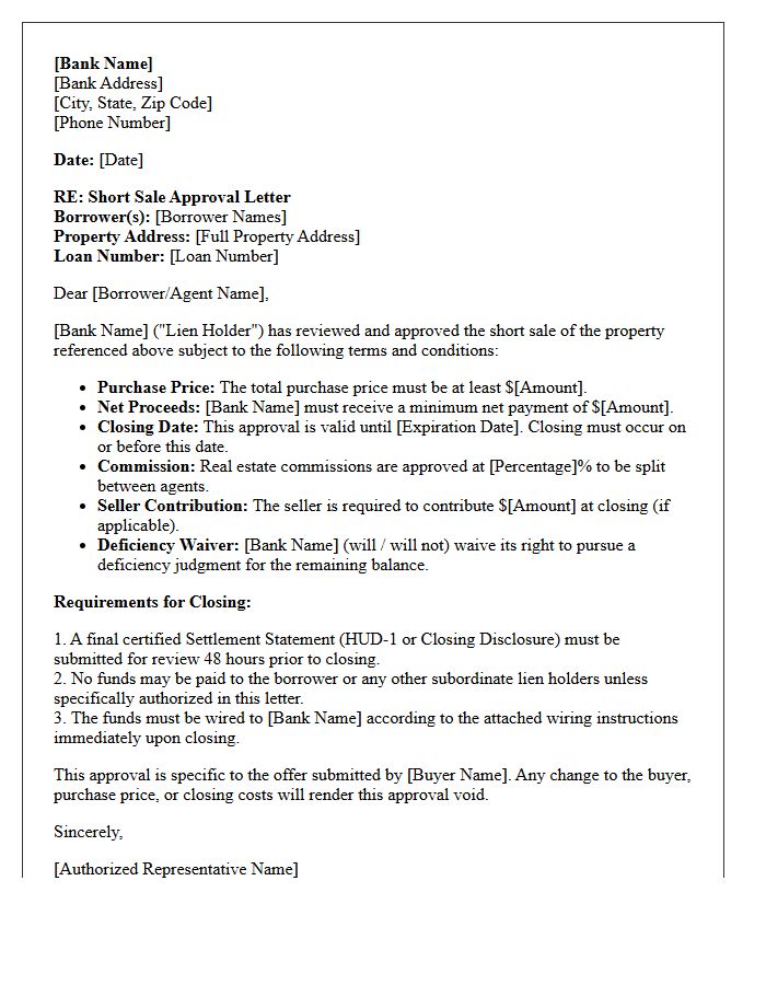 Bank Short Sale Closing Approval Letter