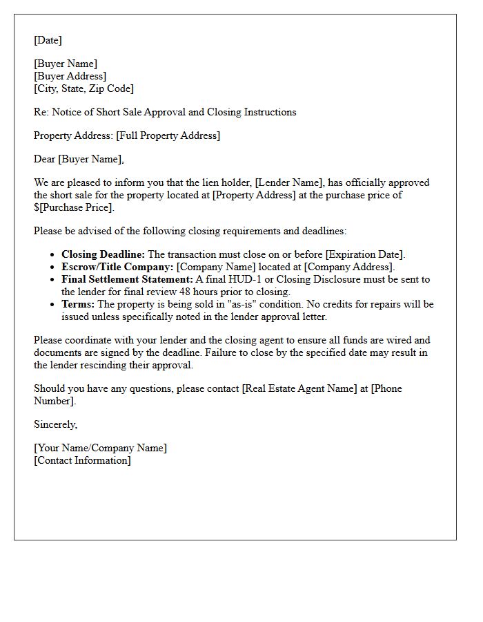 Real Estate Short Sale Closing Letter