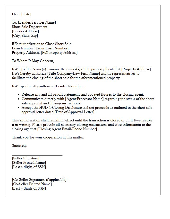 Seller Short Sale Closing Authorization Letter