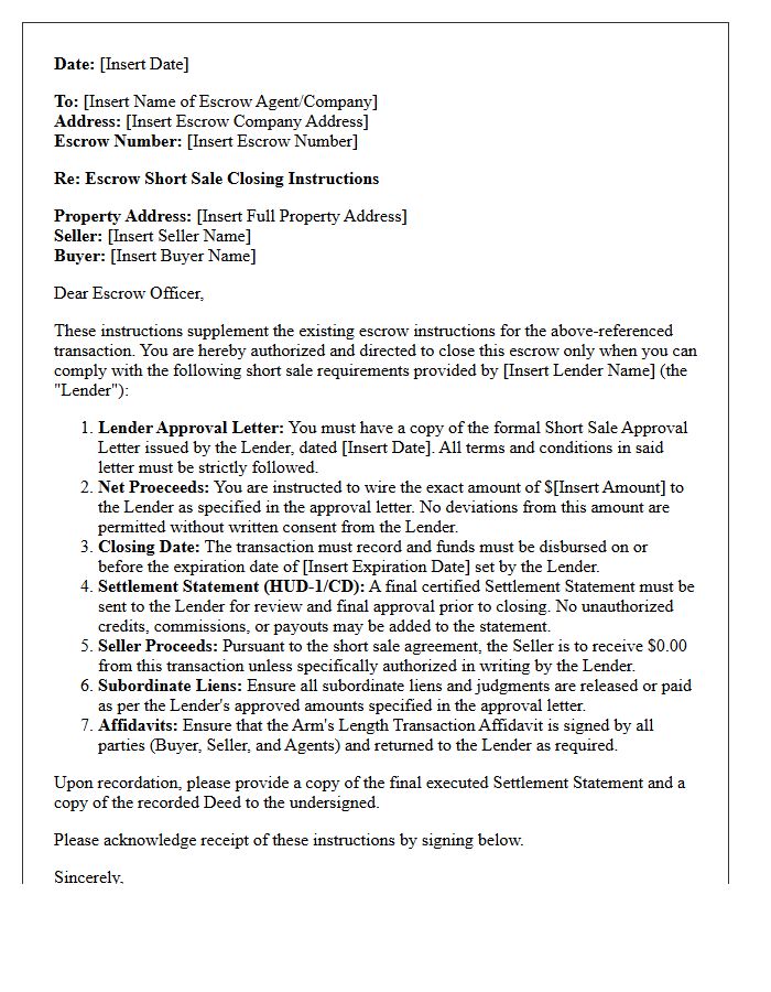 Escrow Short Sale Closing Instruction Letter