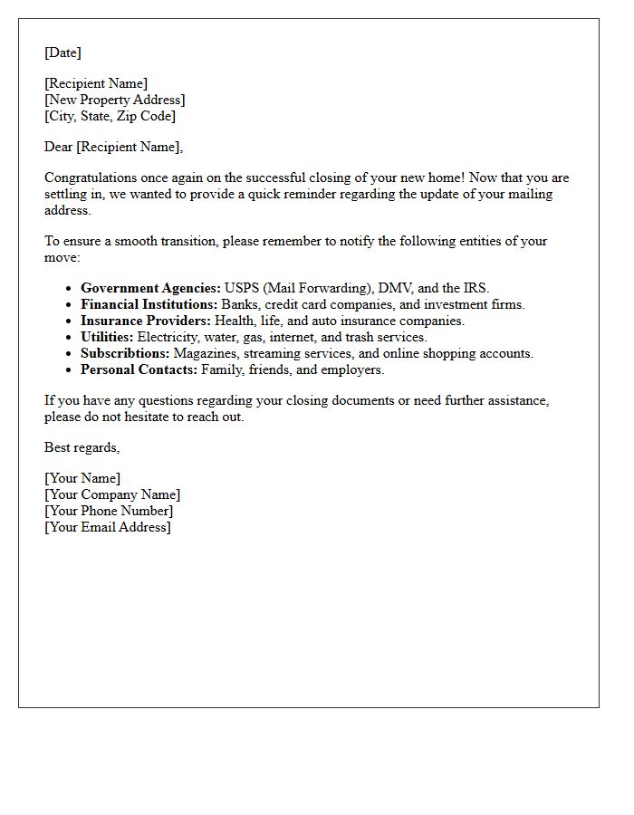 Post-Closing Change of Address Reminder Letter