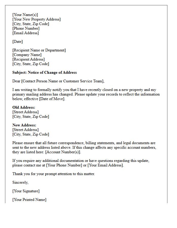 Real Estate Post-Closing Address Update Letter