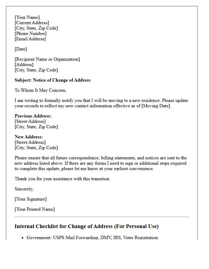 New Home Change of Address Checklist Letter