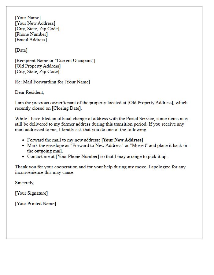 Post-Closing Mail Forwarding and Address Letter