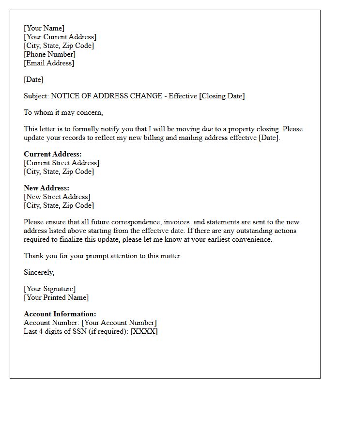 Property Closing Change of Address Reminder Letter