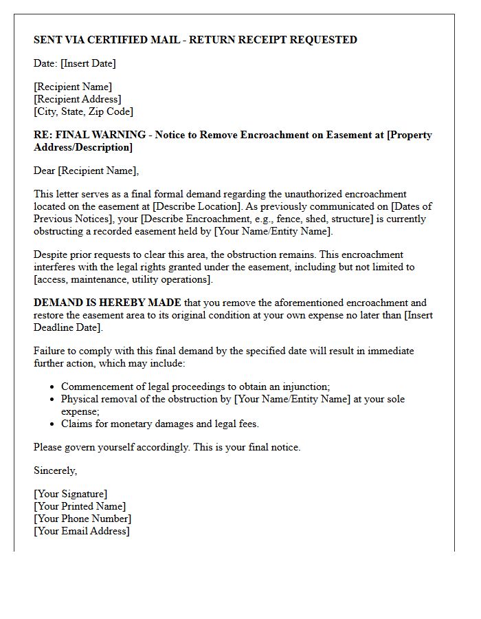 Final Warning Easement Encroachment Demand Letter
