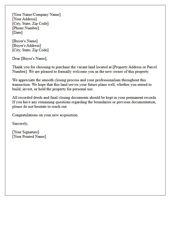 Thank You for Your Vacant Land Purchase Letter