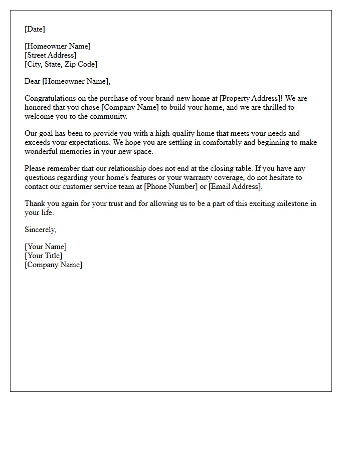 Thank You for Your New Construction Home Purchase Letter