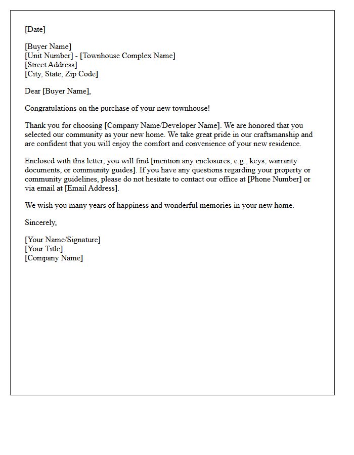 Thank You for Your Townhouse Purchase Letter
