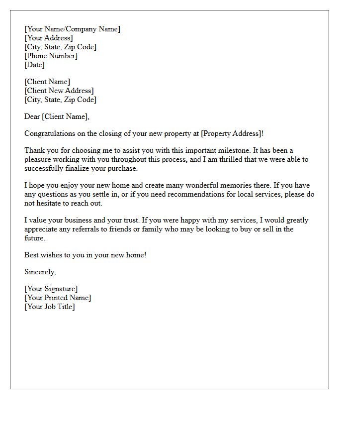 Thank You for Closing on Your New Property Letter