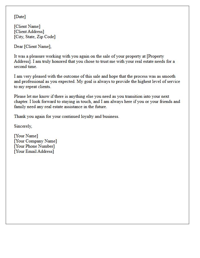 Thank You for Your Repeat Real Estate Sale Letter