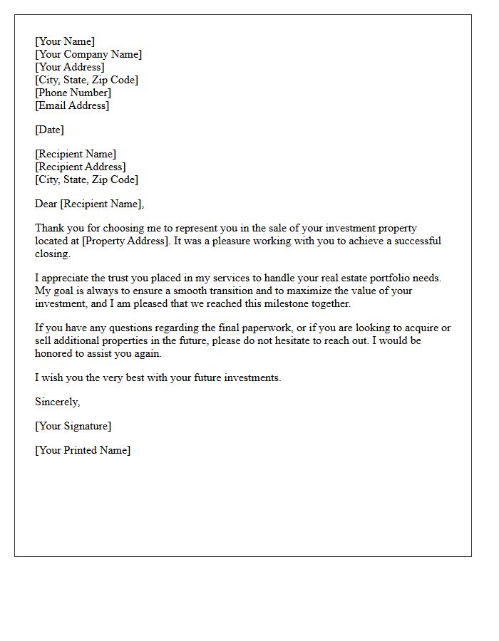 Thank You for Your Investment Property Sale Letter