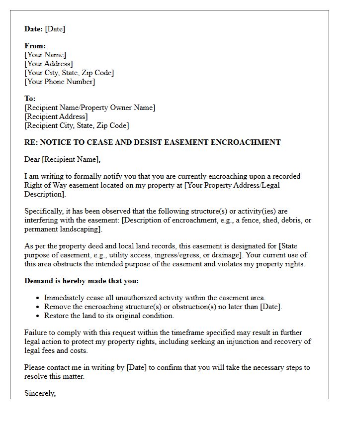 Right of Way Easement Encroachment Cease and Desist Letter