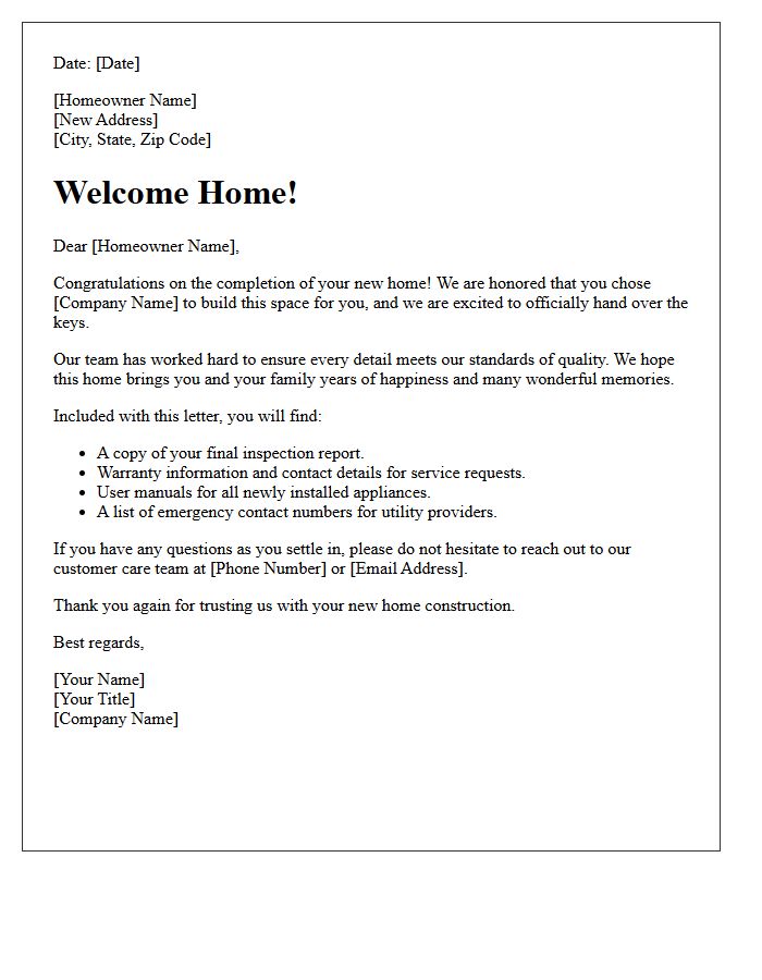 New Construction Welcome To Your New Home Letter