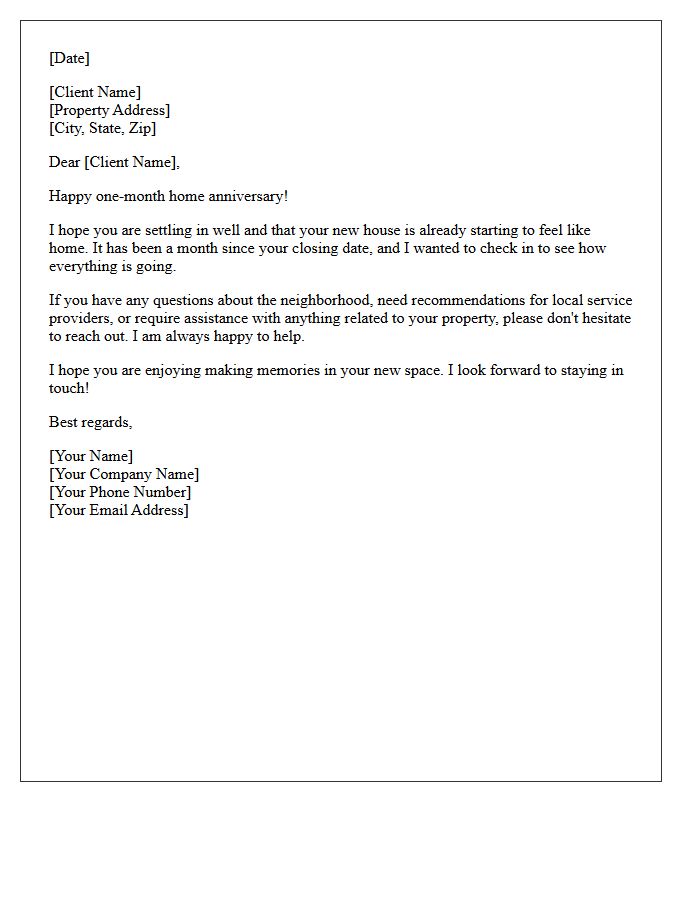 One-Month Home Anniversary Check-In Letter