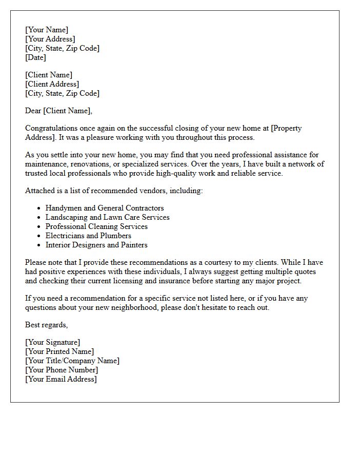 Post-Closing Vendor Recommendation Letter