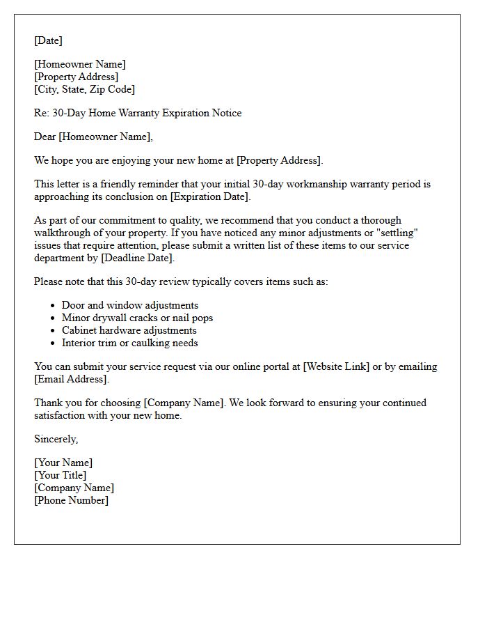 Thirty-Day Home Warranty Reminder Letter