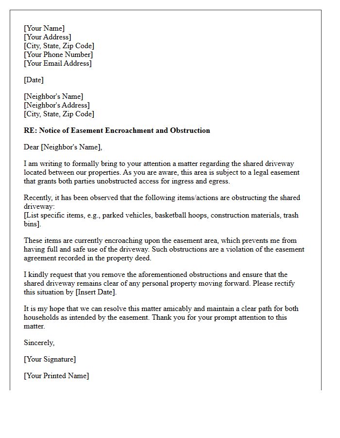 Shared Driveway Easement Encroachment Violation Letter