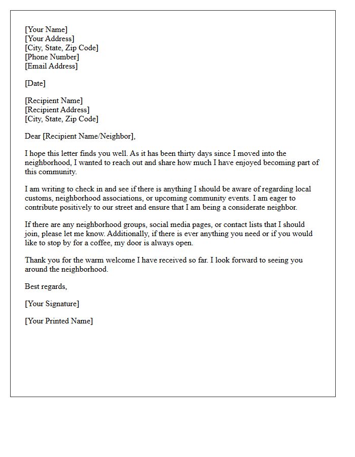 Thirty-Day Neighborhood Integration Check-In Letter