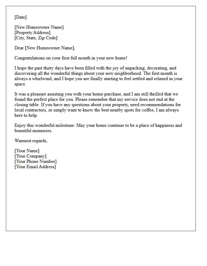 First-Month New Homeowner Celebration Letter