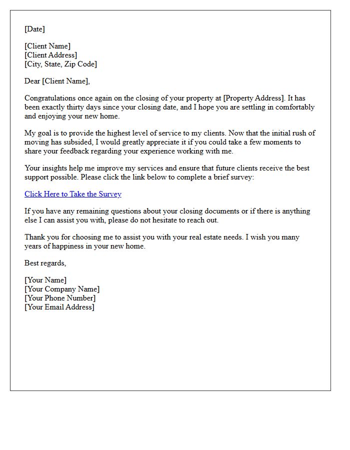 Thirty-Day Post-Closing Feedback Survey Letter