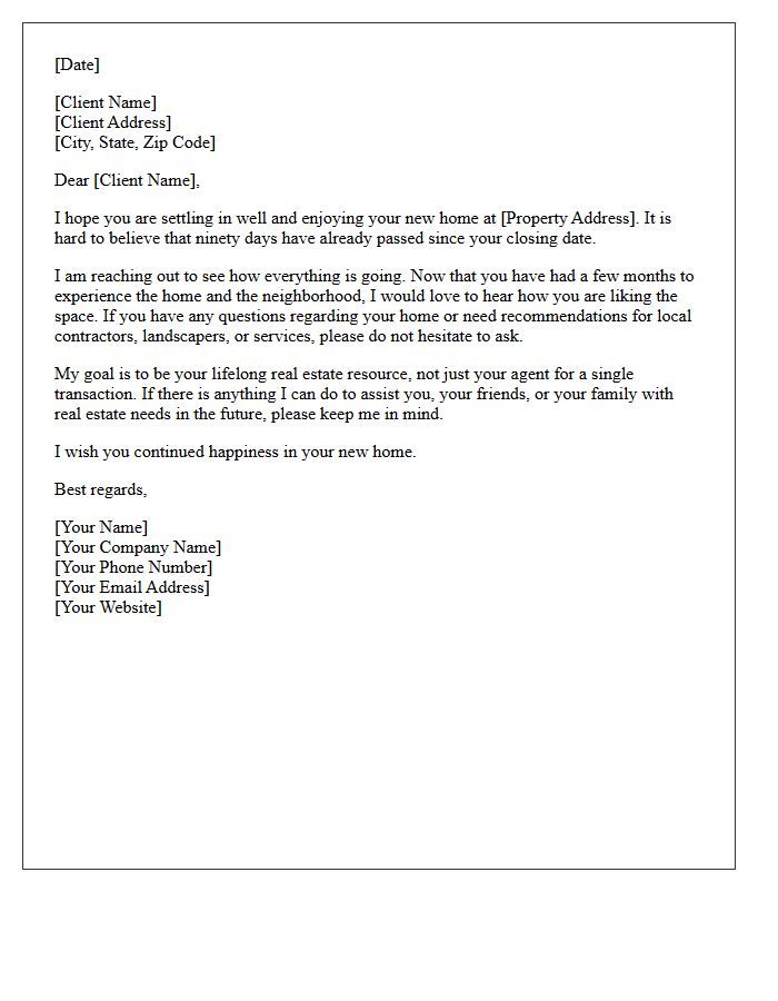 Ninety-Day Post-Closing Check-In Letter