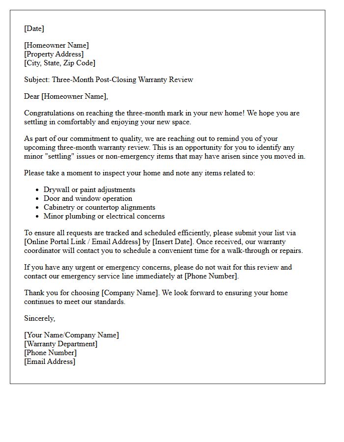 Three-Month Post-Closing Warranty Reminder Letter