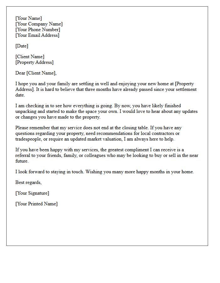 Real Estate Three-Month Settlement Follow-Up Letter