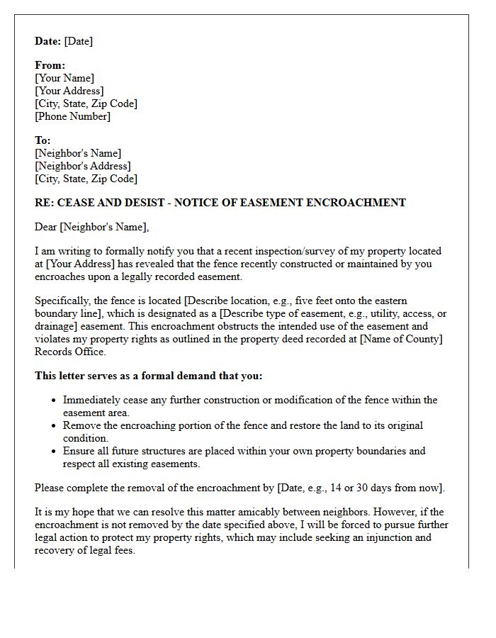 Fence Encroachment on Easement Cease and Desist Letter