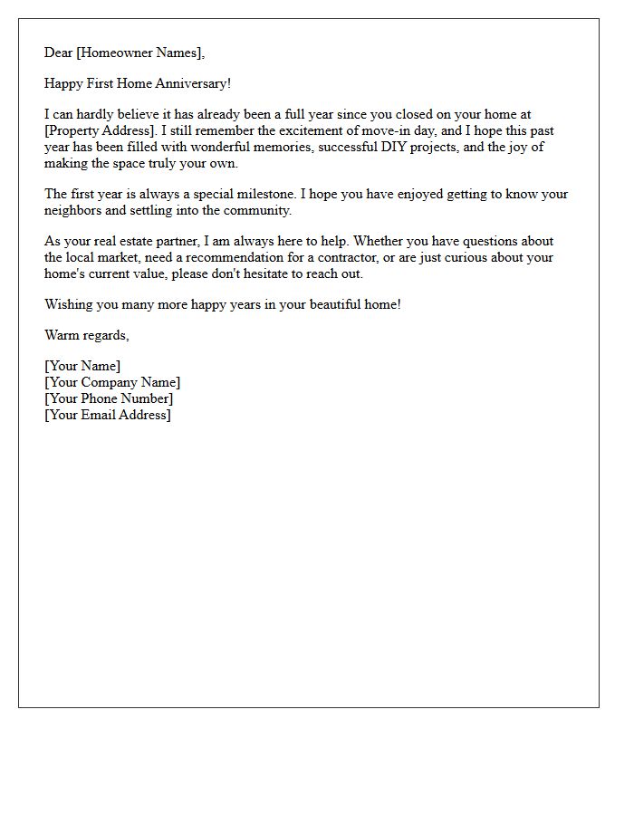 Happy First-Year Home Anniversary Letter