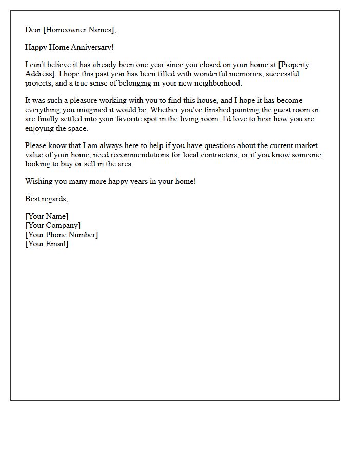 One Year In Your New Home Anniversary Letter