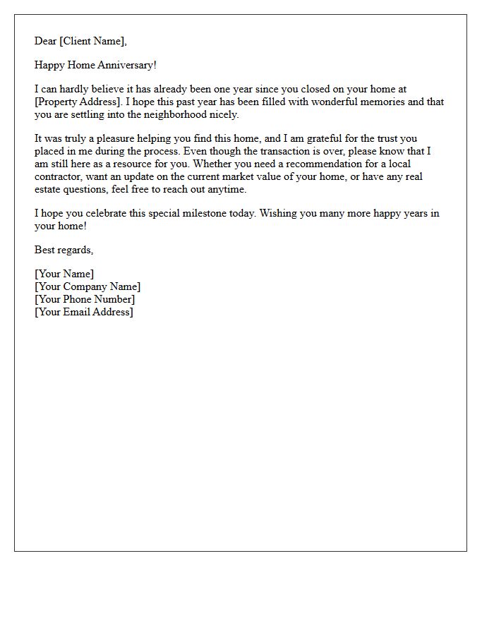Real Estate First-Year Home Anniversary Letter