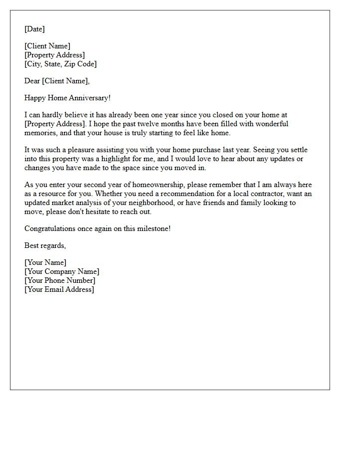 Congratulations On Your First-Year Home Anniversary Letter
