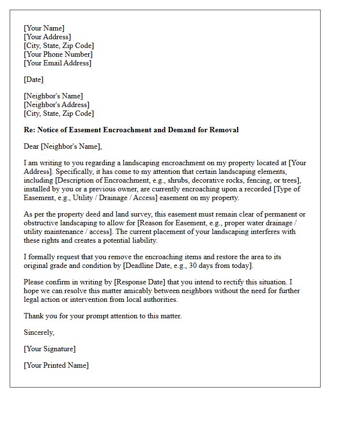 Landscaping Easement Encroachment Removal Demand Letter