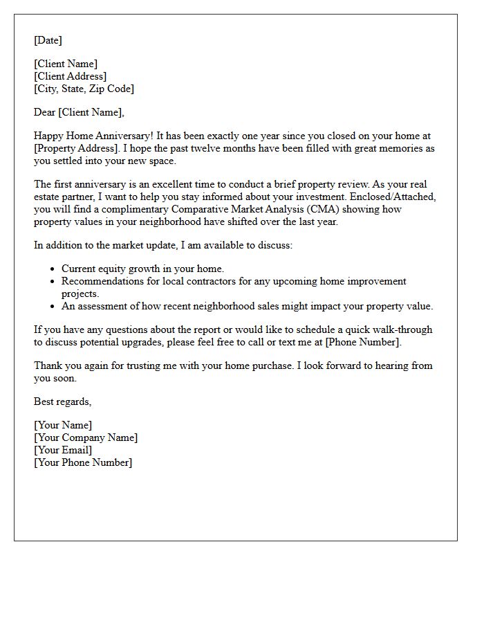 First-Year Home Anniversary Property Review Letter