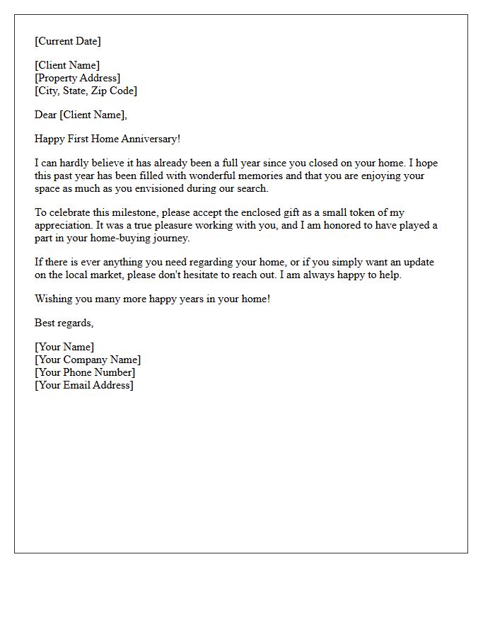 First-Year Home Anniversary Gift Enclosure Letter