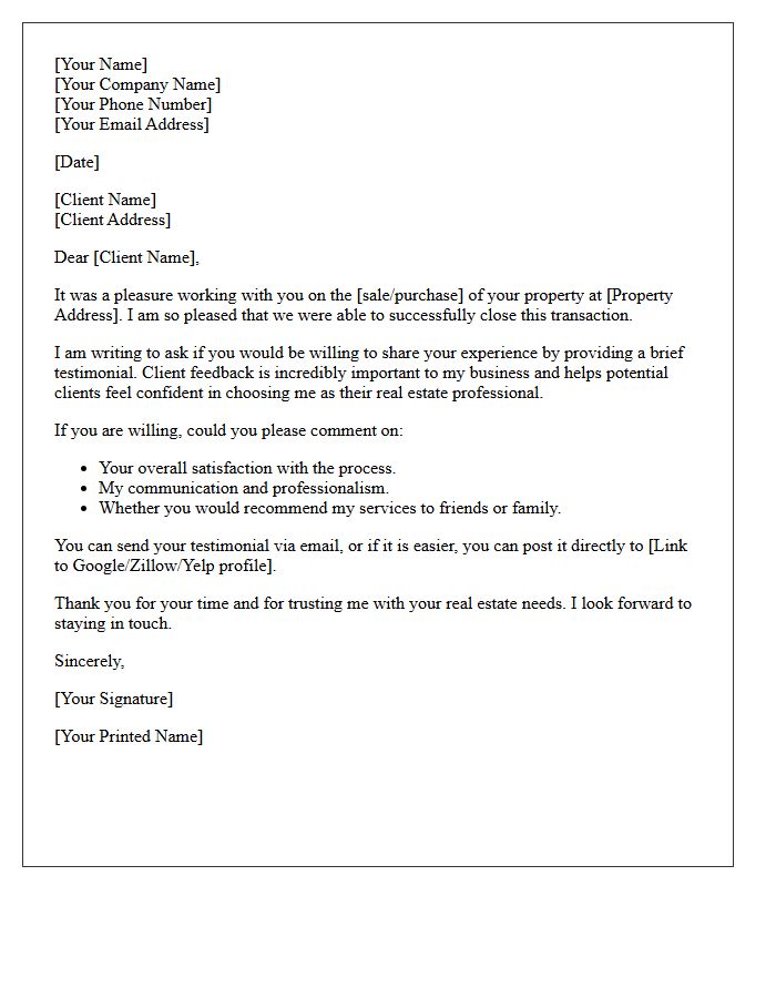 Formal Request For Real Estate Client Testimonial Letter